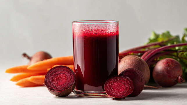 Freshly squeezed beet juice in a glass with carrots and beets on a bright surface, healthy drink