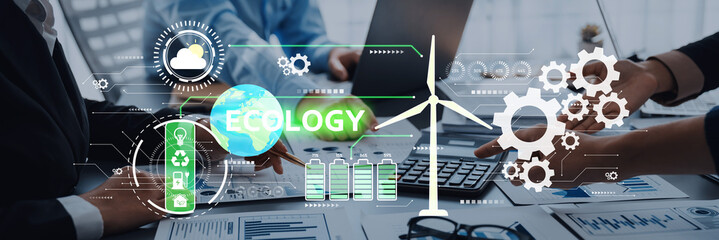 Collaborative meeting focused on ecology and renewable energy. Visual elements highlight sustainability, innovation, and business strategy in a modern workspace. Trope