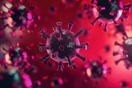 A highly detailed microscopic image of a virus, showcasing its structure with bright hues, highlighting its spherical shape and prominent spikes characteristic of pathogens.