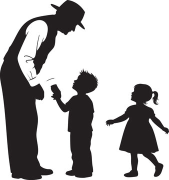 Vector Silhouette of a Man with a Hat Bending Down to Talk to a Boy and Girl, Representing Family or Teacher