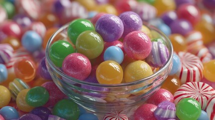 A still life of a small glass bowl filled with colorful, perfectly round gumdrops and peppermint patties,