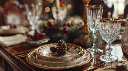A stunning table setting for Christmas dinner, featuring fine china, crystal glasses, and a centerpiece of pine cones and cranberries,