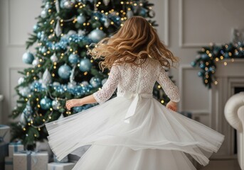 Young girl in a white dress twirling joyfully in front of a decorated christmas tree, capturing the magic of the holiday season and childhood wonder