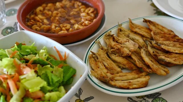 Homemade Seafood and Fish Feast for eat in family, Video Horizontal Camera Pan Across Family Dinner Table, healthy recipes and food