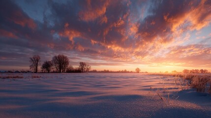 A stunning winter sunset over a snow-covered field,