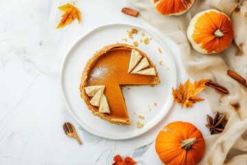 An appetizing slice of pumpkin pie presented on a white plate, enhanced by decorative pieces and autumnal leaves, embodying the welcoming and comforting spirit of fall.