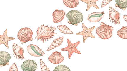 Assortment of Seashells and Starfish Scattered Pattern