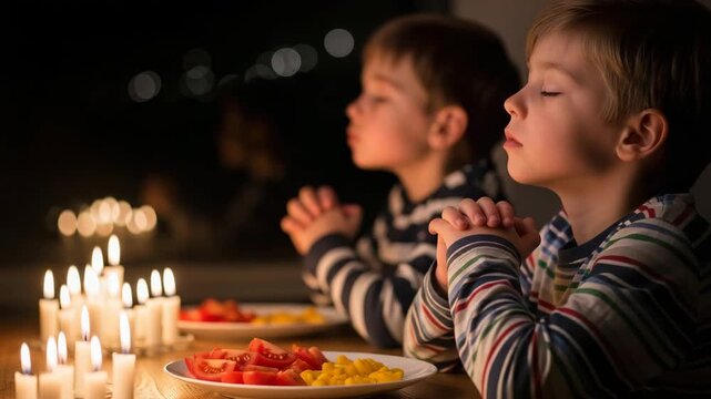 Two young boys praying at a candlelit dinner table with food  
