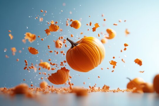 An eye-catching image depicting an orange pumpkin bursting into fragments, showcasing the bright color and energy associated with autumn festivities and harvest.