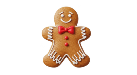 Gingerbread man cookie with red bow tie isolated on transparent background