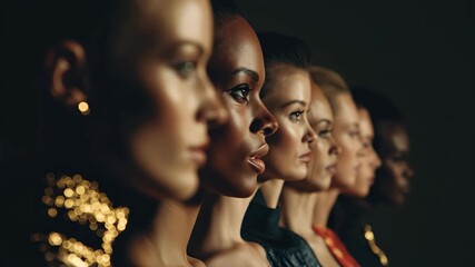 Models showcase style in profile during a fashion event, highlighting beauty and diversity in a sleek and elegant setting at an evening runway