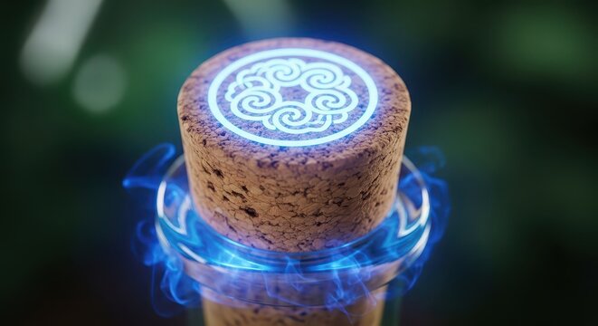 Mystical glowing symbol illuminates cork stopper atop a glass container with swirling energy