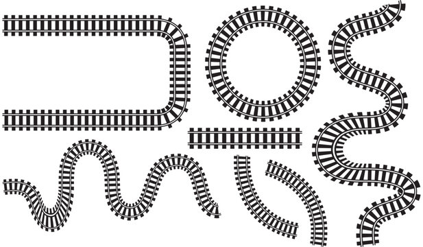 Train track railway. Rail line road subway map set icon. Collection of Black and White Train Track Illustrations. Curved Design Elements.