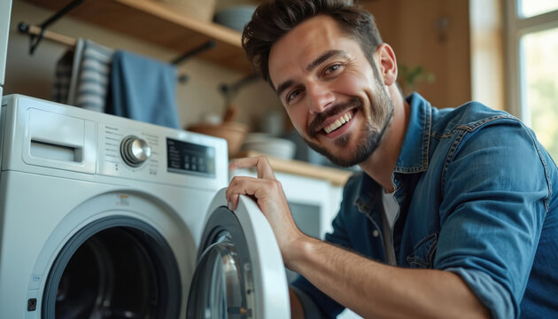 Man smiles fixing washing machine. Happy guy repairs home appliance in laundry room. Male technician works on broken washer indoors, domestic chore.