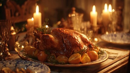 A traditional Christmas Eve dinner featuring a roasted turkey and festive decor,
