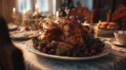 A traditional Christmas Eve dinner featuring a roasted turkey and festive decor,