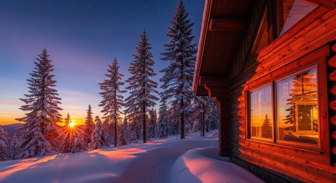 Cozy wooden cabin illuminated by warm light during a vibrant sunset over a snowy winter forest landscape