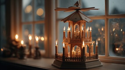 A traditional German Christmas pyramid (Weihnachtspyramide) spinning near a window, illuminated by the candles' flame,
