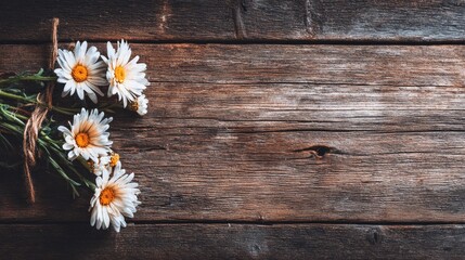 Obraz premium Bouquet of white field flowers rests upon a rustic wooden surface