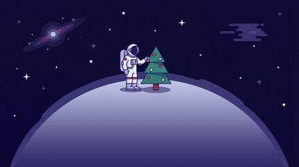 Naklejka premium Astronaut decorating Christmas tree on the Moon