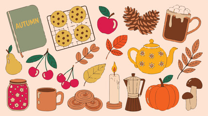 Collection of Autumn Themed Objects Keywords: autumn, fall, season, pumpkin, apple, pear