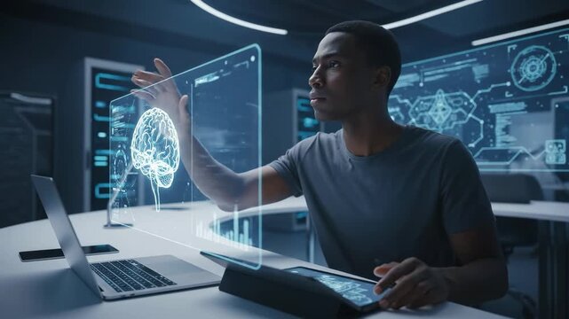 Focused black male scientist using a laptop, tablet and holographic display to study a 3d brain scan in a futuristic research laboratory, working on artificial intelligence and machine learning