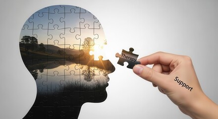 Hand places a final puzzle piece representing therapeutic aid into a silhouette of a human head filled with a serene landscape