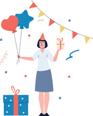 A woman is holding a box and a bunch of balloons