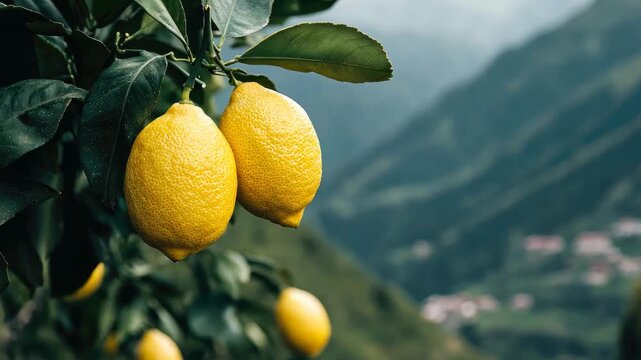 Fresh lemons grow on branches with a stunning mountain view in the background, highlighting the tranquility of nature and agriculture