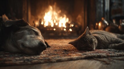 A tranquil scene of a dog and cat sleeping peacefully side-by-side on a thick rug in front of a warm, crackling fire,
