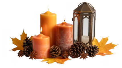 Three lit orange and brown pillar candles with a metal lantern pine cones and autumn leaves isolated on a transparent background