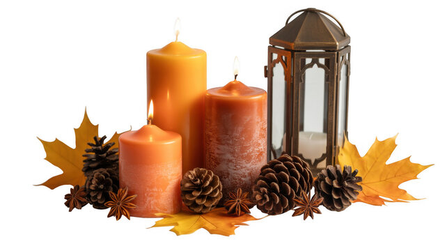 Three lit orange and brown pillar candles with a metal lantern pine cones and autumn leaves isolated on a transparent background