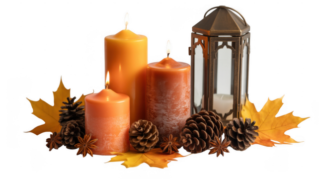 Three lit orange and brown pillar candles with a metal lantern pine cones and autumn leaves isolated on a transparent background