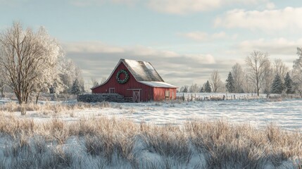 A tranquil scene of a small, quiet farm with snow covering the fields, a single red barn decorated with a modest wreath,