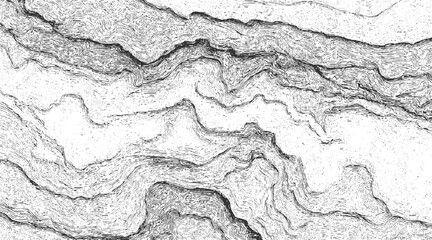 Black and white abstract topographic lines forming mountain ridges and valleys background contour