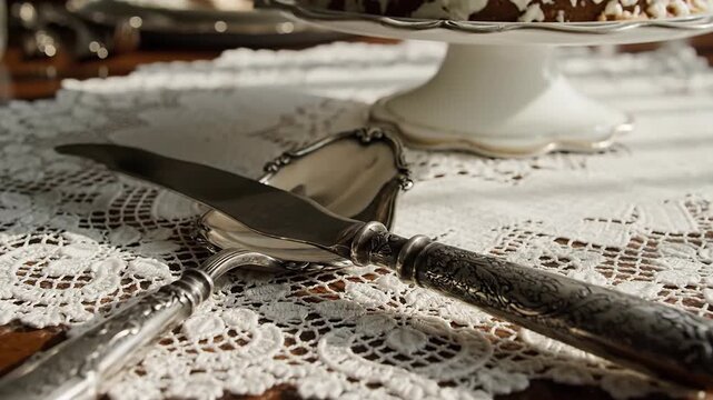 Elegant antique silver cake serving set on lace doily with ornate handles