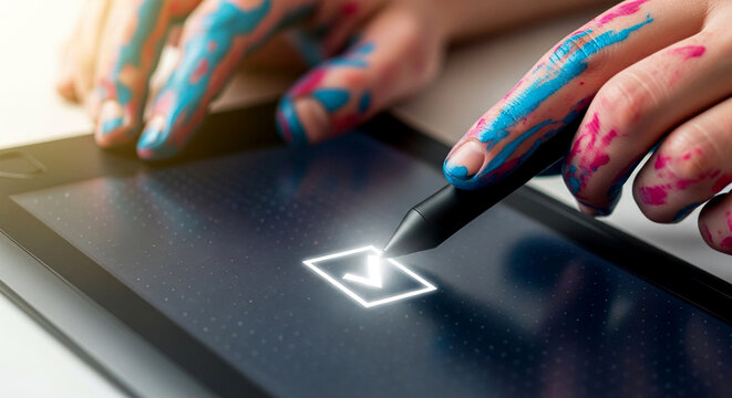 Creative artist checks off digital task with paint splattered hands on sleek tablet with stylus pen tool