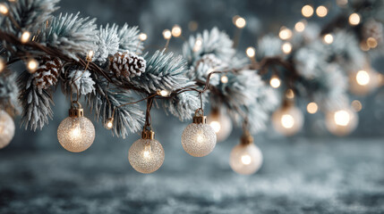 Elegant Christmas baubles on frosted pine garland
