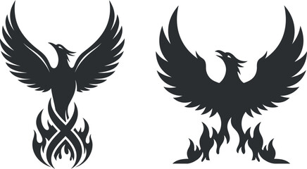 Phoenix bird rising from flames silhouette vector illustration set