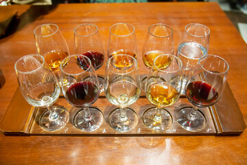 Glass glasses standing in two rows with red and yellow wine tasting drinks. Winemaking viticulture...