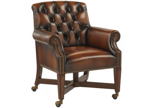 Tufted brown leather armchair with brass casters isolated on a transparent background