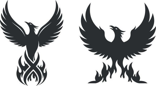 Phoenix bird rising from flames silhouette vector illustration set