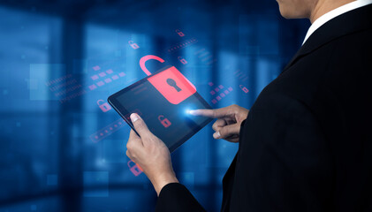 Digital security concept illustrating a cybersecurity breach, with a red unlocked padlock indicating data exposure among secure systems, emphasizing system vulnerability and risk Vouch