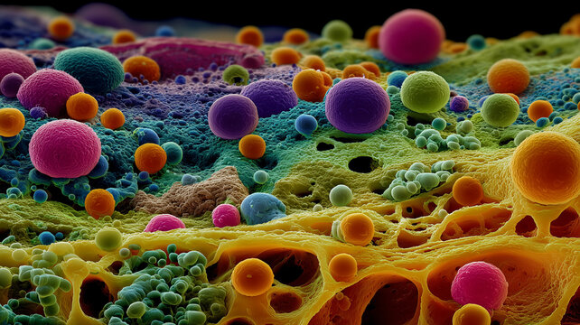 A detailed microscopic environment filled with spherical cellular formations, illustrating biological processes, natural ecosystems and ongoing scientific exploration of living materials.
