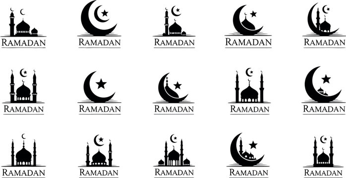 Set of ramadan kareem logo designs with mosque and crescent moon