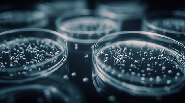 Petri dishes filled with suspended particles illustrating laboratory research, scientific cultivation and microbiological experimentation.
