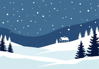 Winter scene illustration with a small house nestled among snow-covered hills and pine trees under a falling snow sky.