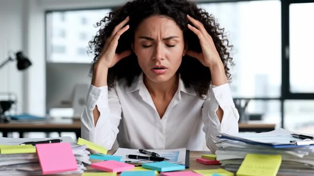 Overwhelmed businesswoman suffering from headache at a messy office desk, feeling tired from multitasking with piles of documents and sticky notes, indicating burnout and approaching deadline - Powered by Adobe