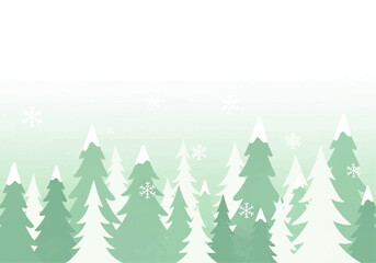 Stylized illustration of a winter forest with green pine trees topped with snow and falling snowflakes against a white background.