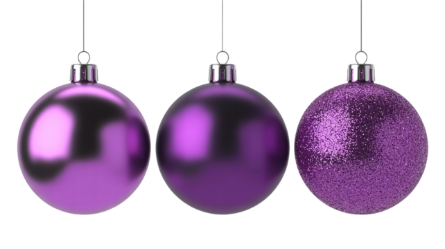 Set of three stunning purple Christmas ornaments with contrasting textures: high gloss, soft matte, and heavy glitter finish, isolated on a clean white background.
